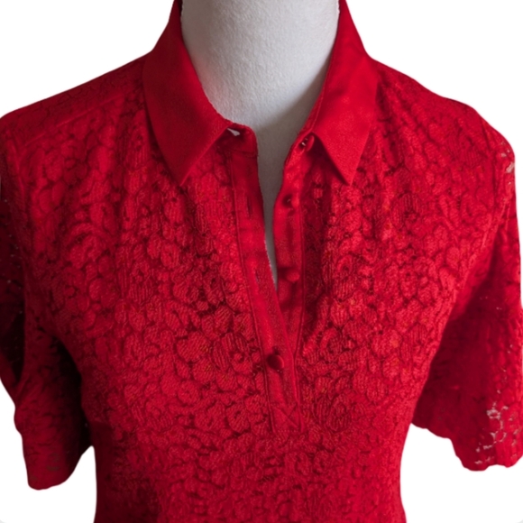 Banana Republic Red Lace Shirt Dress Size S - Bell Sleeves Collared Mini Dress - Picture 6 of 13
